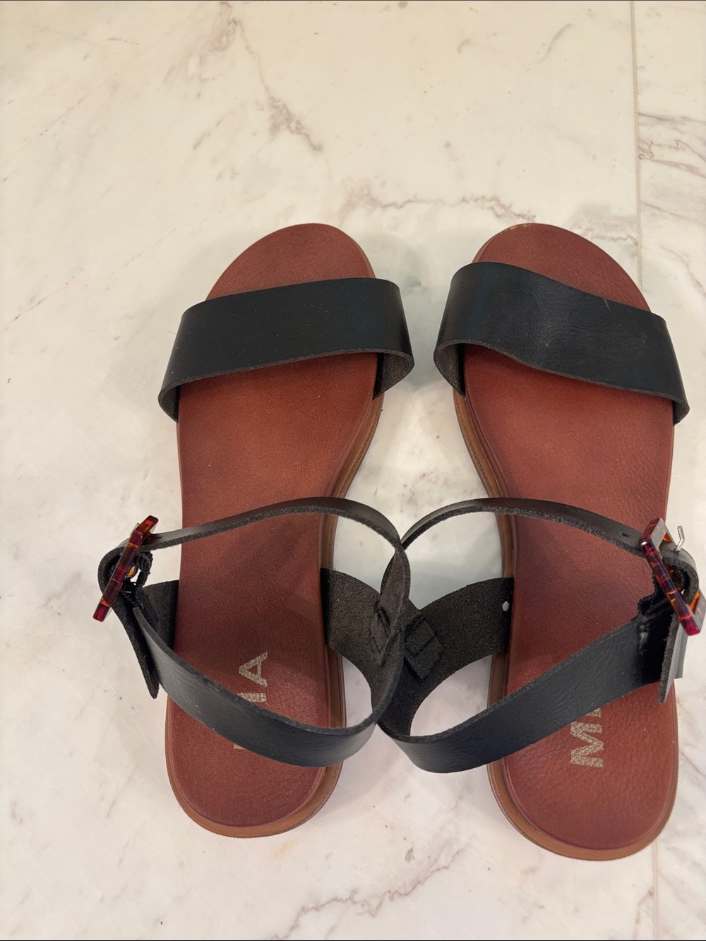 MIA Black and Brown Two-Strap Flat Sandals